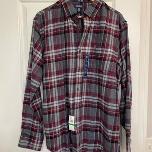 Izod Men's Casual Gray and Red Plaid Shirt